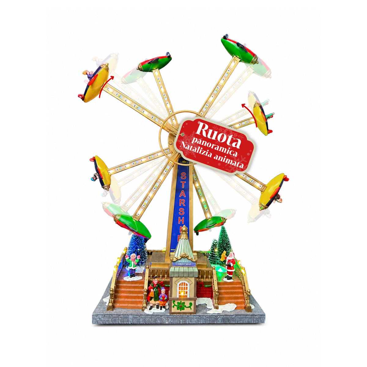 Ruota Panoramica Natalizia SkyWheel con Luci LED, Melodie e Doppia Rotazione, Villaggio con Biglietteria e Personaggi, 47,7 cm