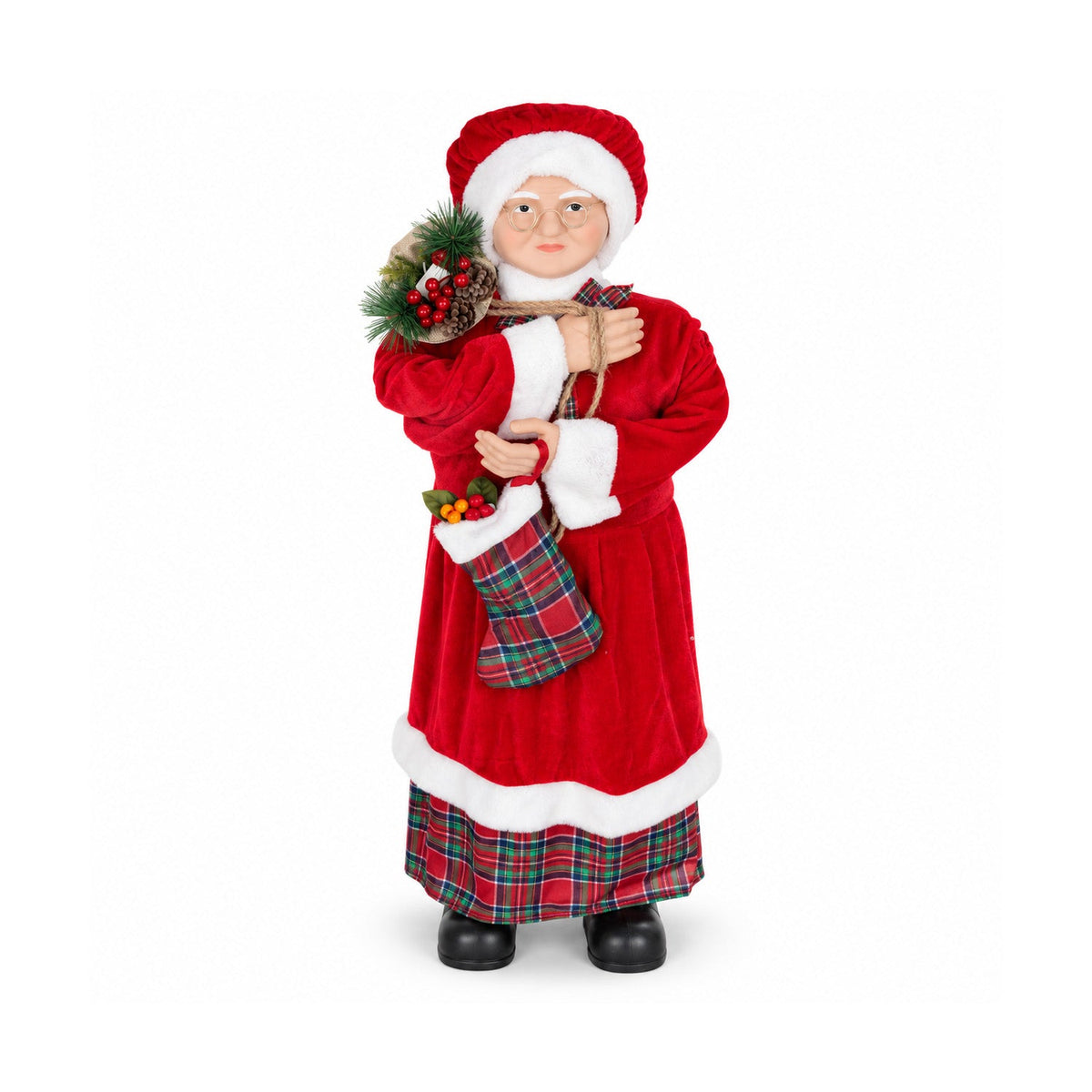 Statuetta natalizia Babbo Natale e Mamma Natale h110cm, decorazione per casa, negozio e vetrine, 2 varianti selezionabili con rametti di pino e pigne