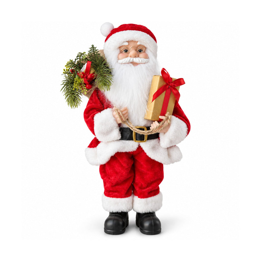 Statuetta natalizia Babbo Natale e Mamma Natale h45cm, decorazione per casa, negozio e vetrine, 3 varianti assortite con rametti di pino e pigne