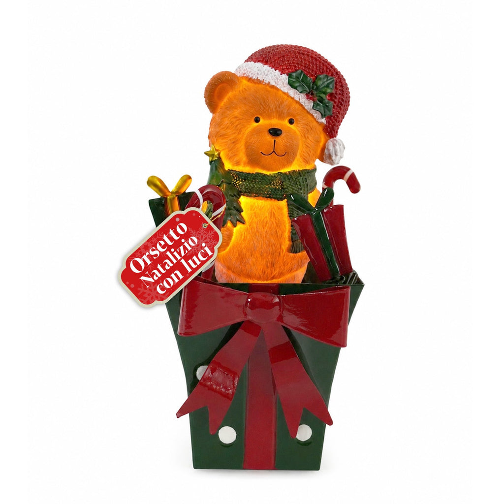 Teddy BearGift, orsetto natalizio luminoso in confezione regalo, luce LED calda, dimensioni 15x15x25,5 cm, alimentazione a batterie