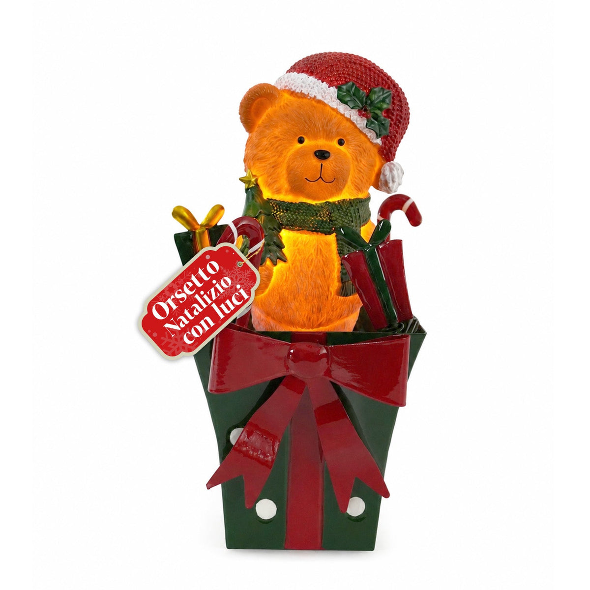 Teddy BearGift, orsetto natalizio luminoso in confezione regalo, luce LED calda, dimensioni 15x15x25,5 cm, alimentazione a batterie