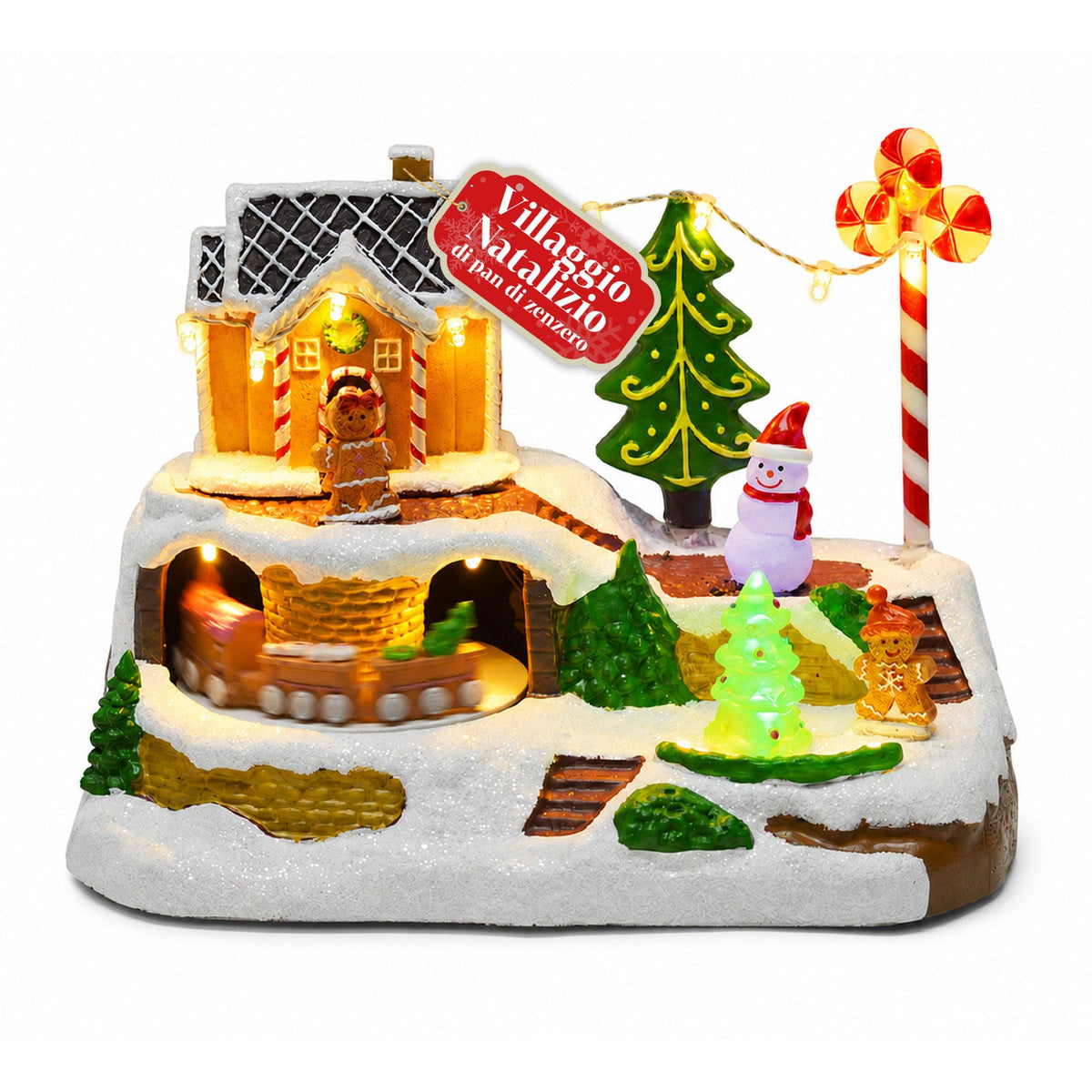 Villaggio Natalizio Luminoso Candy Town con Trenino in Movimento e 8 Melodie, Casetta Pan di Zenzero LED, Decorazione Natalizia 23,5 cm