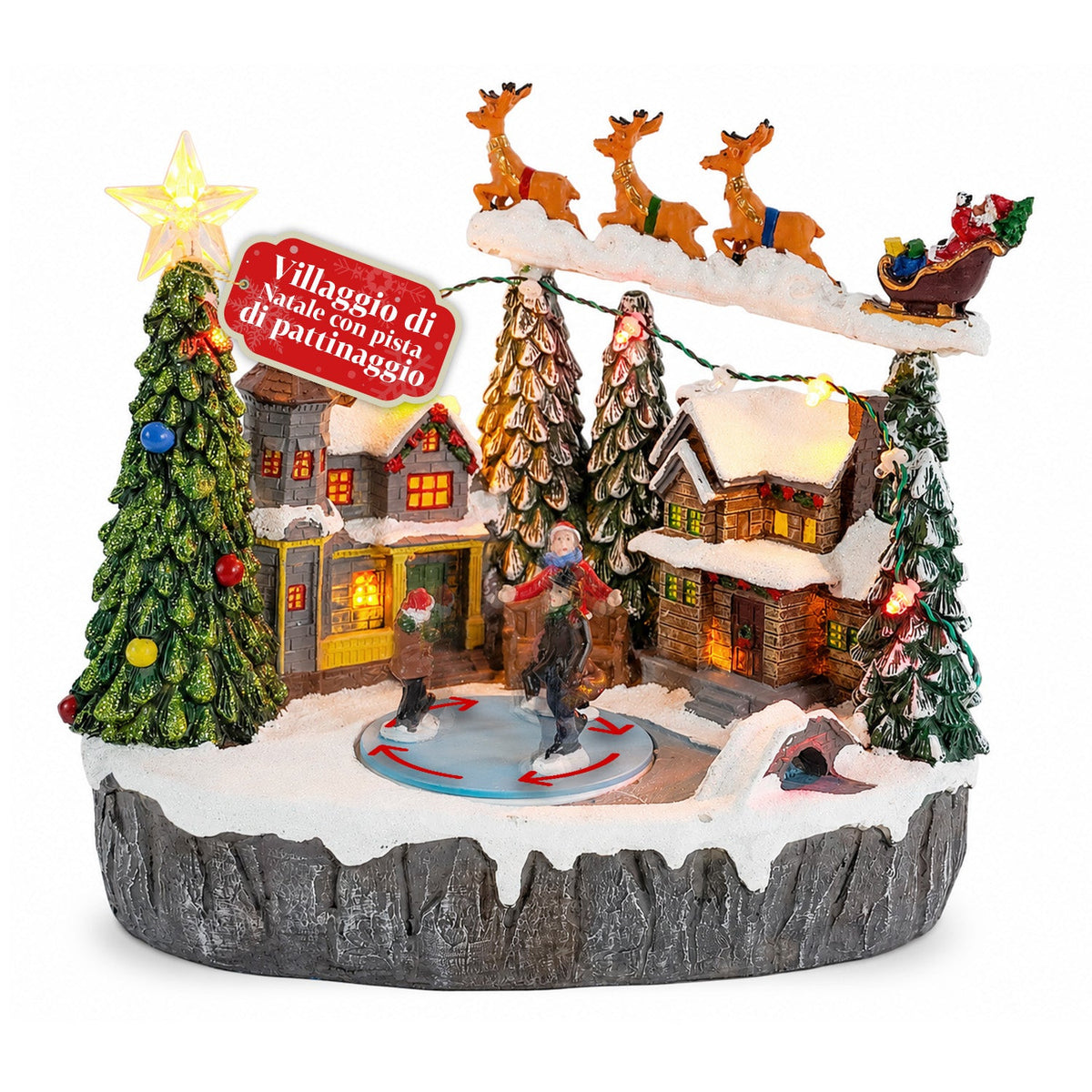Villaggio Natalizio Luminoso Snowtime con Pista di Pattinaggio Animata, Luci LED e Musica, Slitta di Babbo Natale, Poliresina 21,5x15,8x22,5 cm