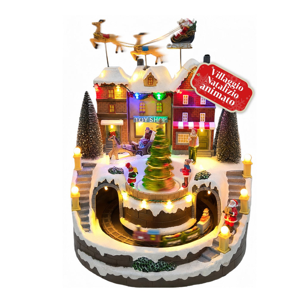 Villaggio Natalizio Luminoso Xmas Town a Batteria con Luci LED, Musica, Albero Rotante, Trenino in Movimento e Slitta di Babbo Natale, 27x25x34 cm