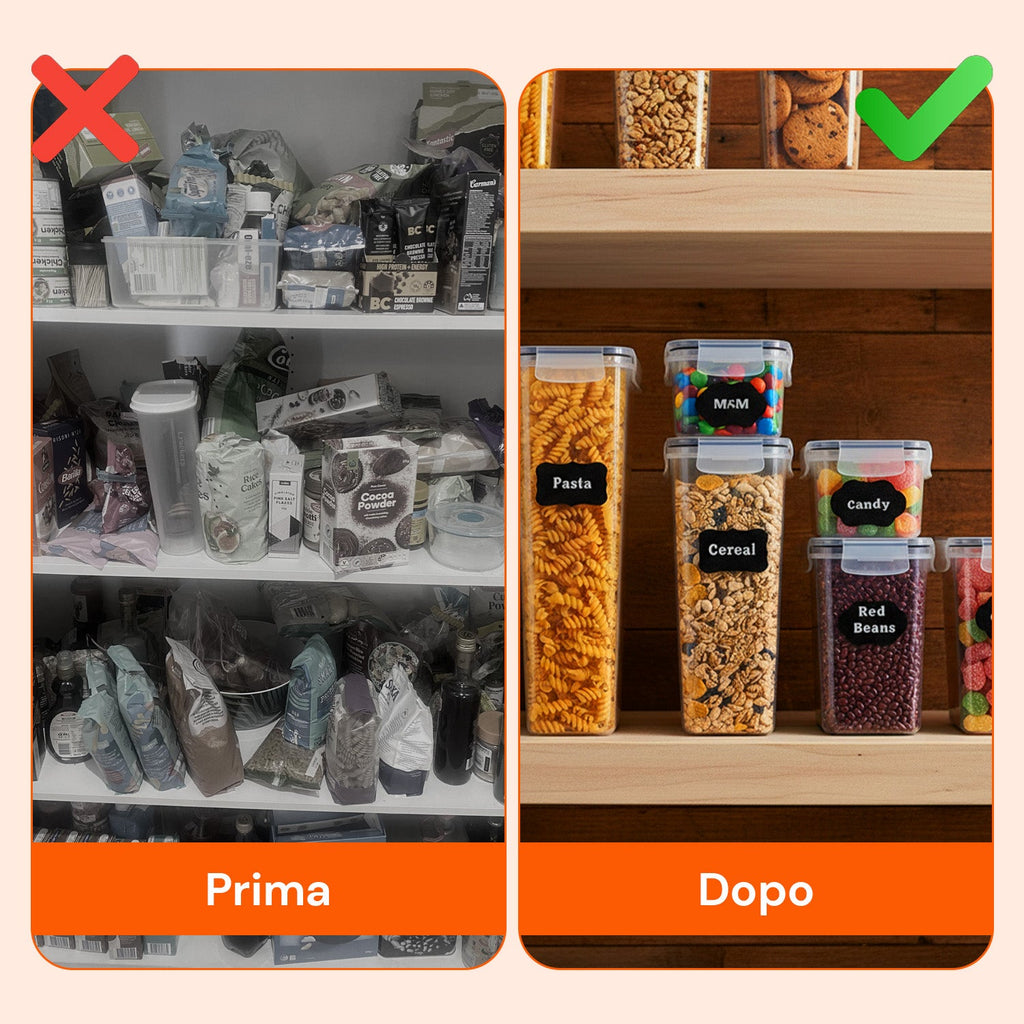 Set di 24 contenitori ermetici per alimenti di diverse dimensioni con etichette