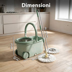 Kit Mocio Rotante 360° con Secchio 14L - 46x27x22cm e Centrifuga in Acciaio – Include 2 Testine in Microfibra, Dosatore Sapone e Asta Telescopica – Set Lavapavimenti Universale con Ruote e Scarico