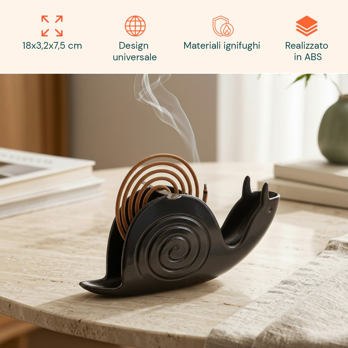 Porta Zampirone a forma di Lumaca – Supporto per Spirali Antizanzare in ABS Ignifugo – Con Base Raccogli Cenere – Design Universale Riutilizzabile – Dimensioni 18x3,2x7,5cm