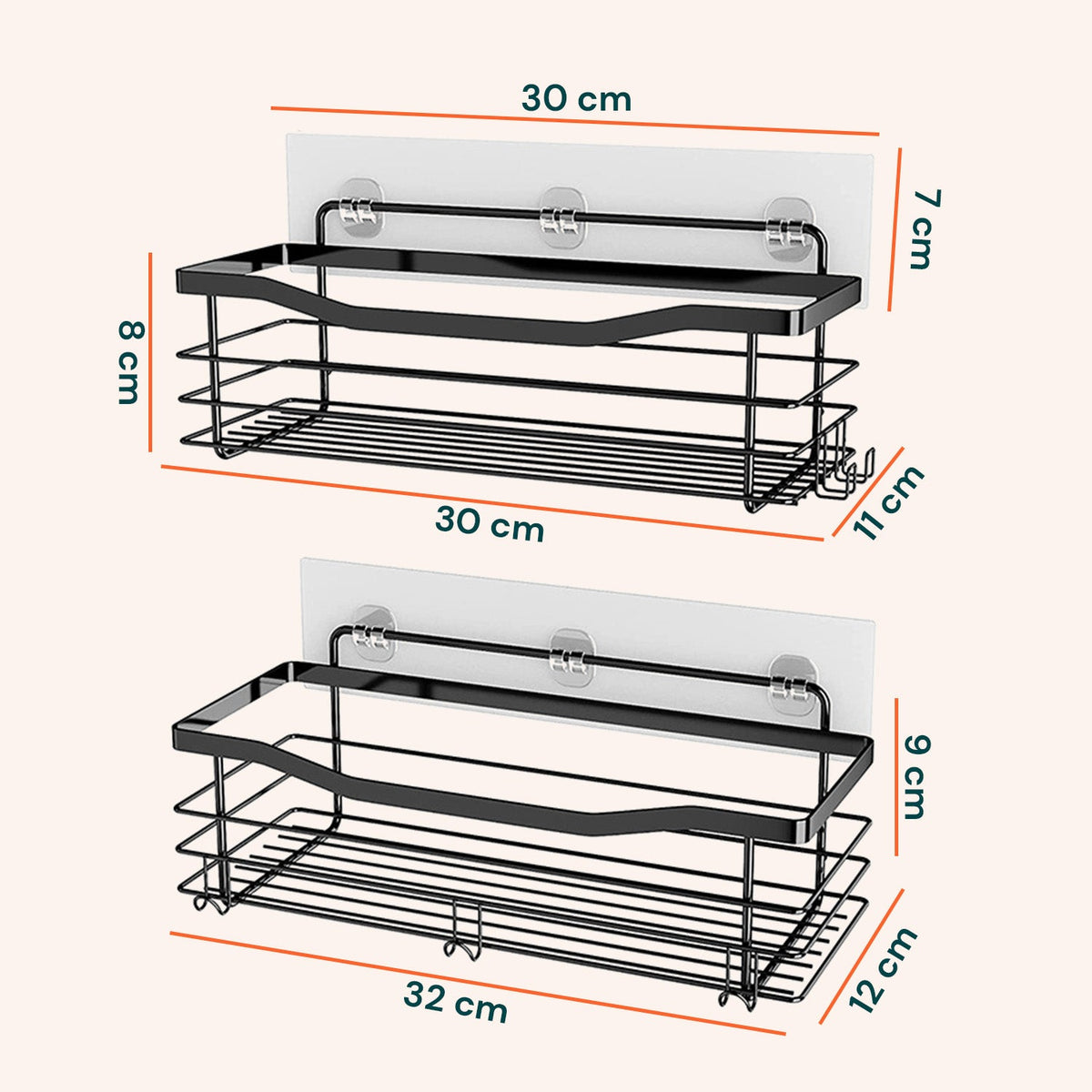 Set di 2 mensole adesive da parete in acciaio nero per bagno e cucina