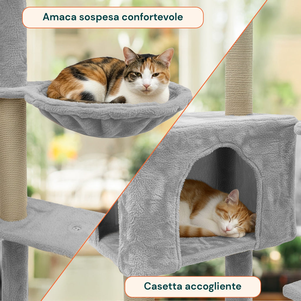 Tiragraffi per gatti 120 cm con cuccia e amaca multilivello