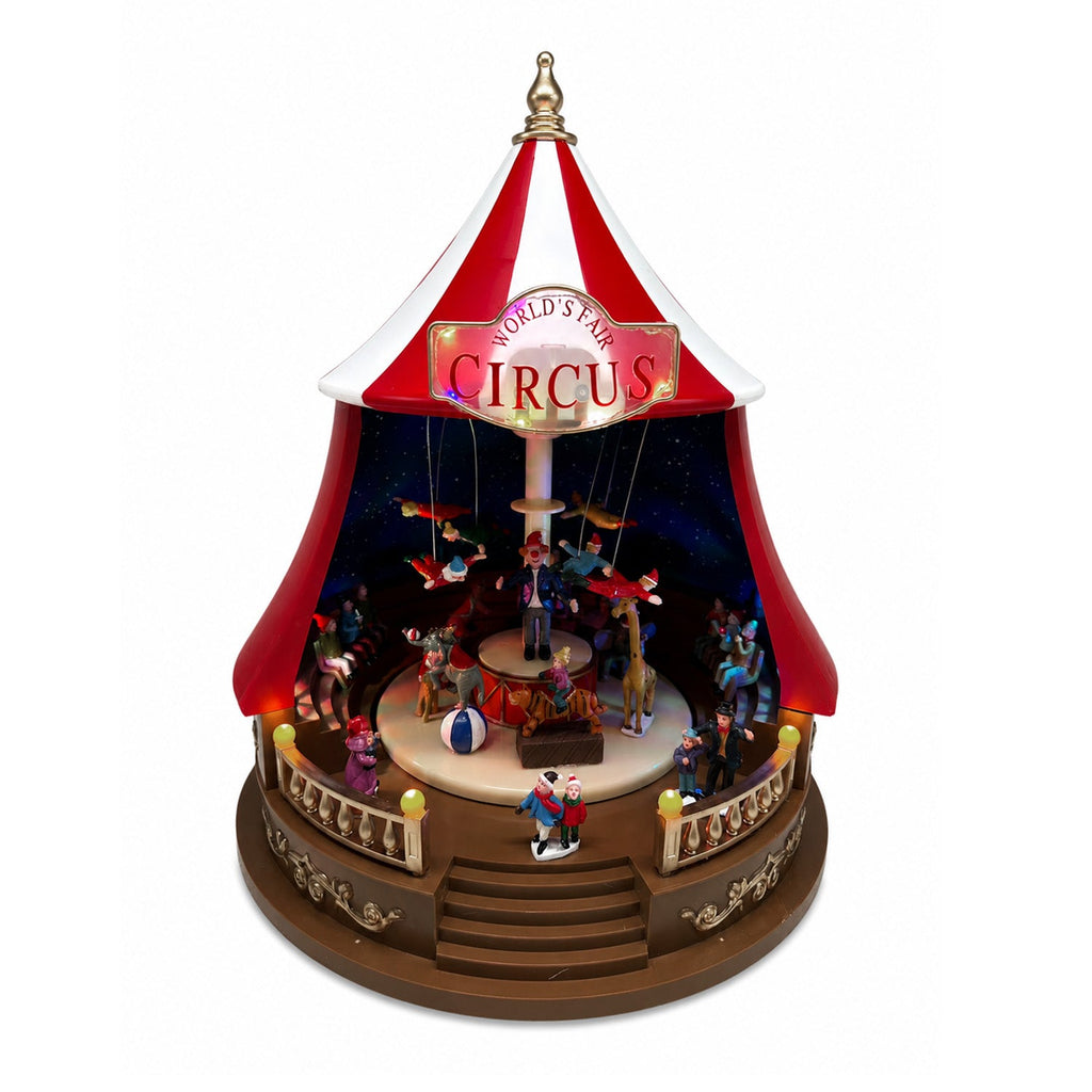 Carillon Natalizio Animato CircoJoy con Luci LED e Musica, Tendone Circo Ø34 x A44 cm in Plastica, Scena Rotante, Alimentazione USB o a Batterie