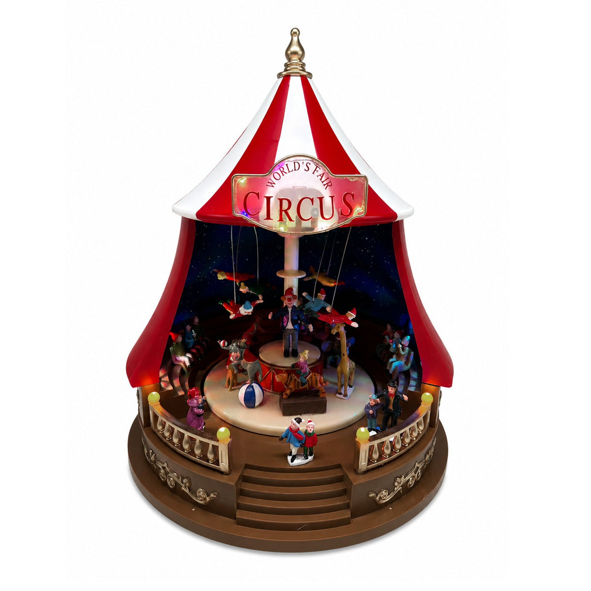 Carillon Natalizio Animato CircoJoy con Luci LED e Musica, Tendone Circo Ø34 x A44 cm in Plastica, Scena Rotante, Alimentazione USB o a Batterie