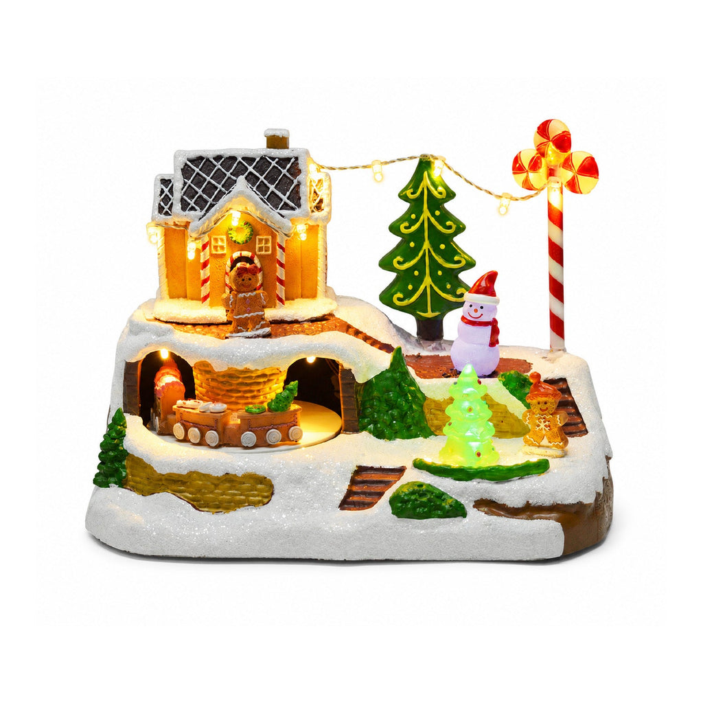 Villaggio Natalizio Luminoso Candy Town con Trenino in Movimento e 8 Melodie, Casetta Pan di Zenzero LED, Decorazione Natalizia 23,5 cm