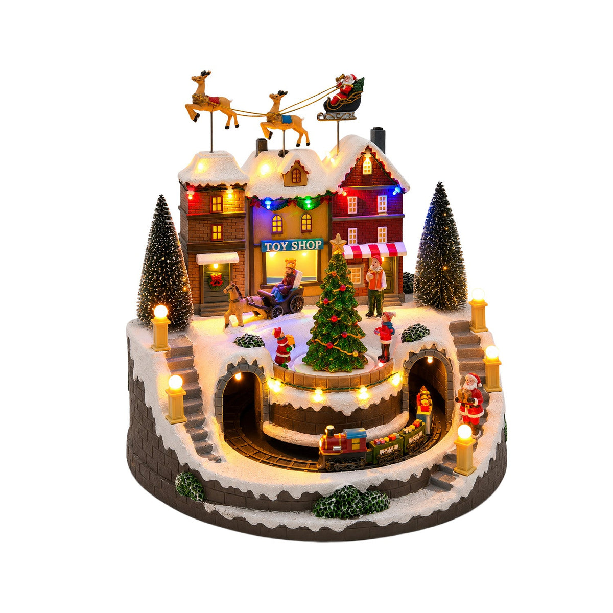 Villaggio Natalizio Luminoso Xmas Town a Batteria con Luci LED, Musica, Albero Rotante, Trenino in Movimento e Slitta di Babbo Natale, 27x25x34 cm