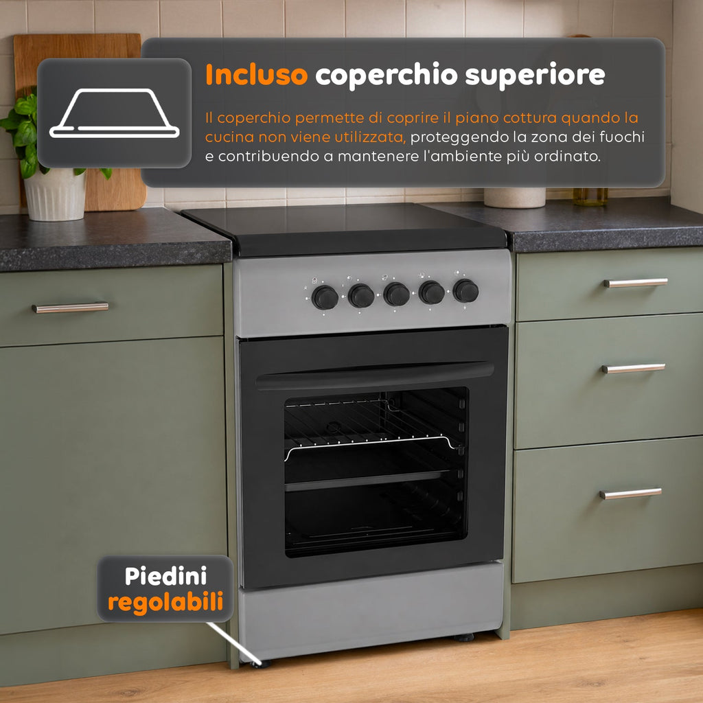 Cucina a Gas 50x50 cm con Forno a Gas 49 Litri, 4 Fuochi di Diversa Potenza, Valvole di Sicurezza e Coperchio