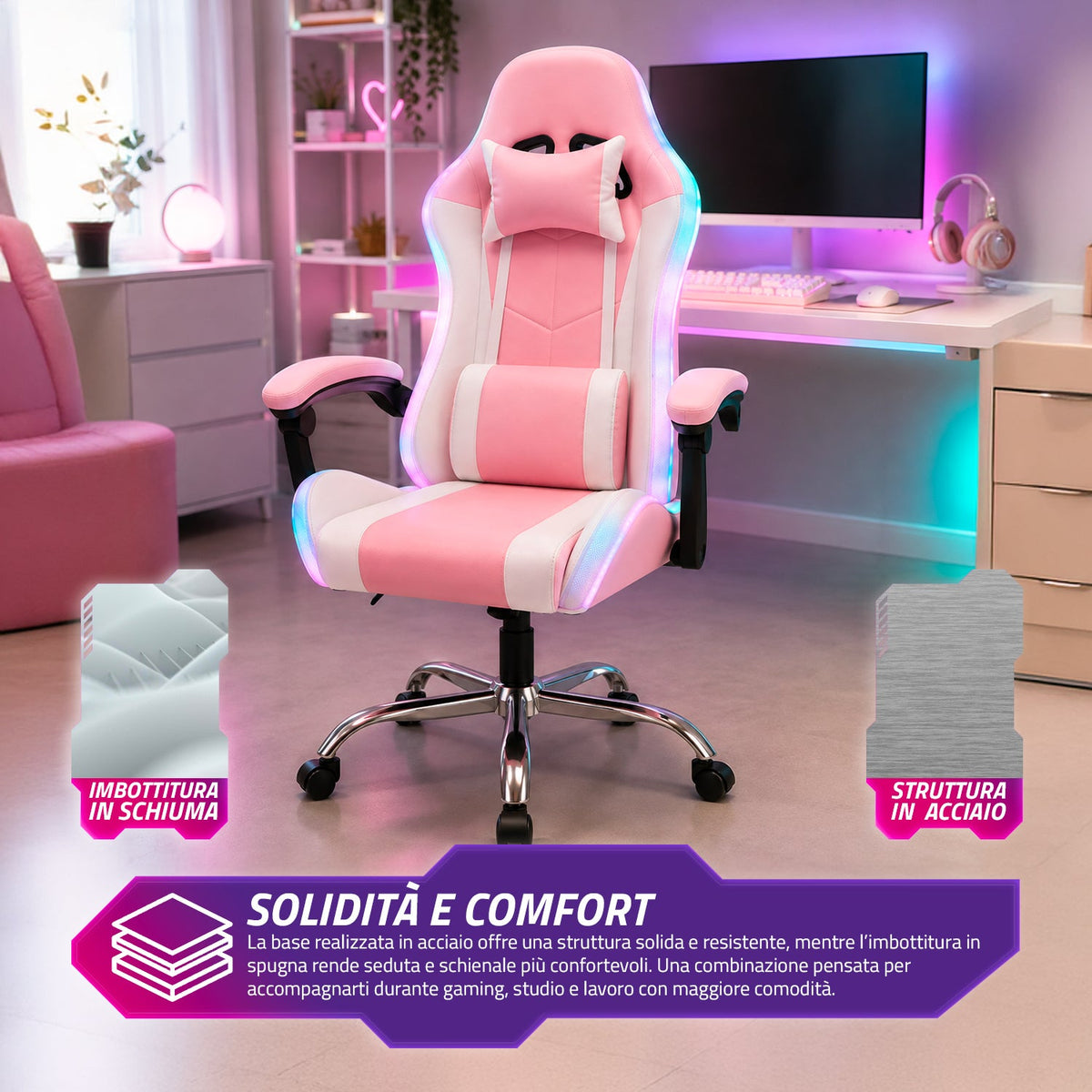Sedia Gaming Ergonomica con Luci RGB e Cuscino Lombare Massaggiante, Poltrona Ufficio Reclinabile con Telecomando