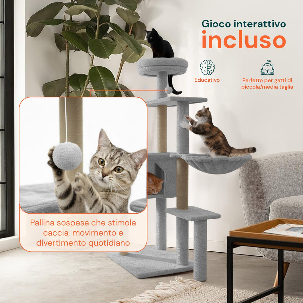 Tiragraffi per gatti 120 cm con cuccia e amaca multilivello