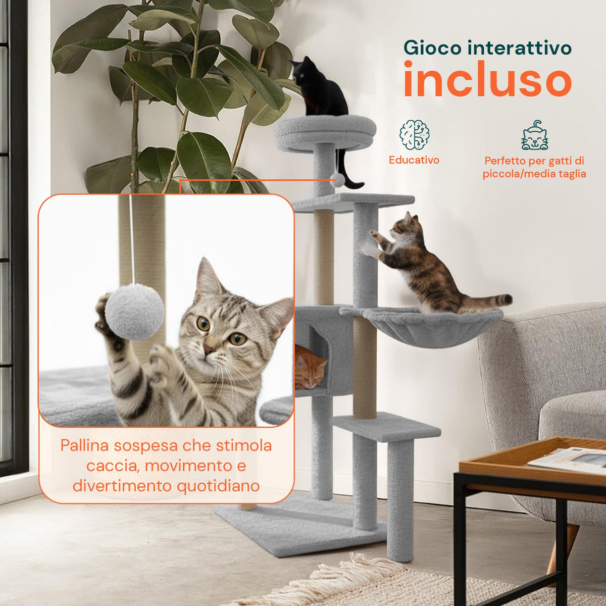 Tiragraffi per gatti 120 cm con cuccia e amaca multilivello
