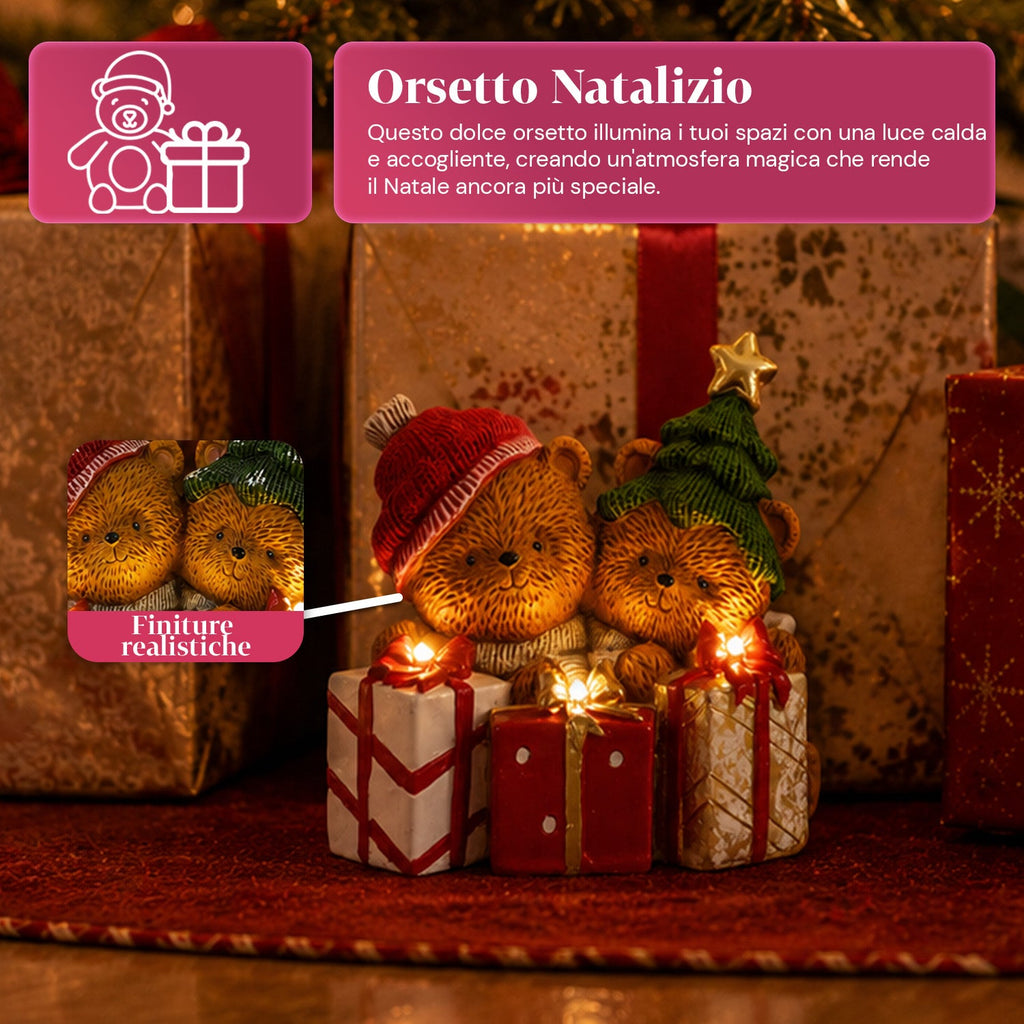 Orsetto natalizio in poliresina con pacco regalo, 2 varianti, luci LED a punti, alimentazione a batterie, finiture curate, base stabile