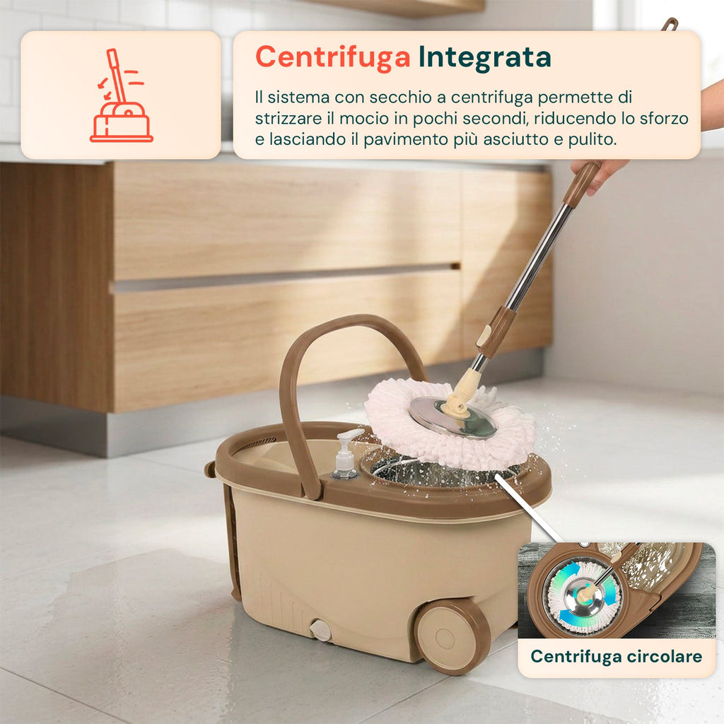 Kit Mocio Rotante 360° con Secchio 14L - 46x27x22cm e Centrifuga in Acciaio – Include 2 Testine in Microfibra, Dosatore Sapone e Asta Telescopica – Set Lavapavimenti Universale con Ruote e Scarico