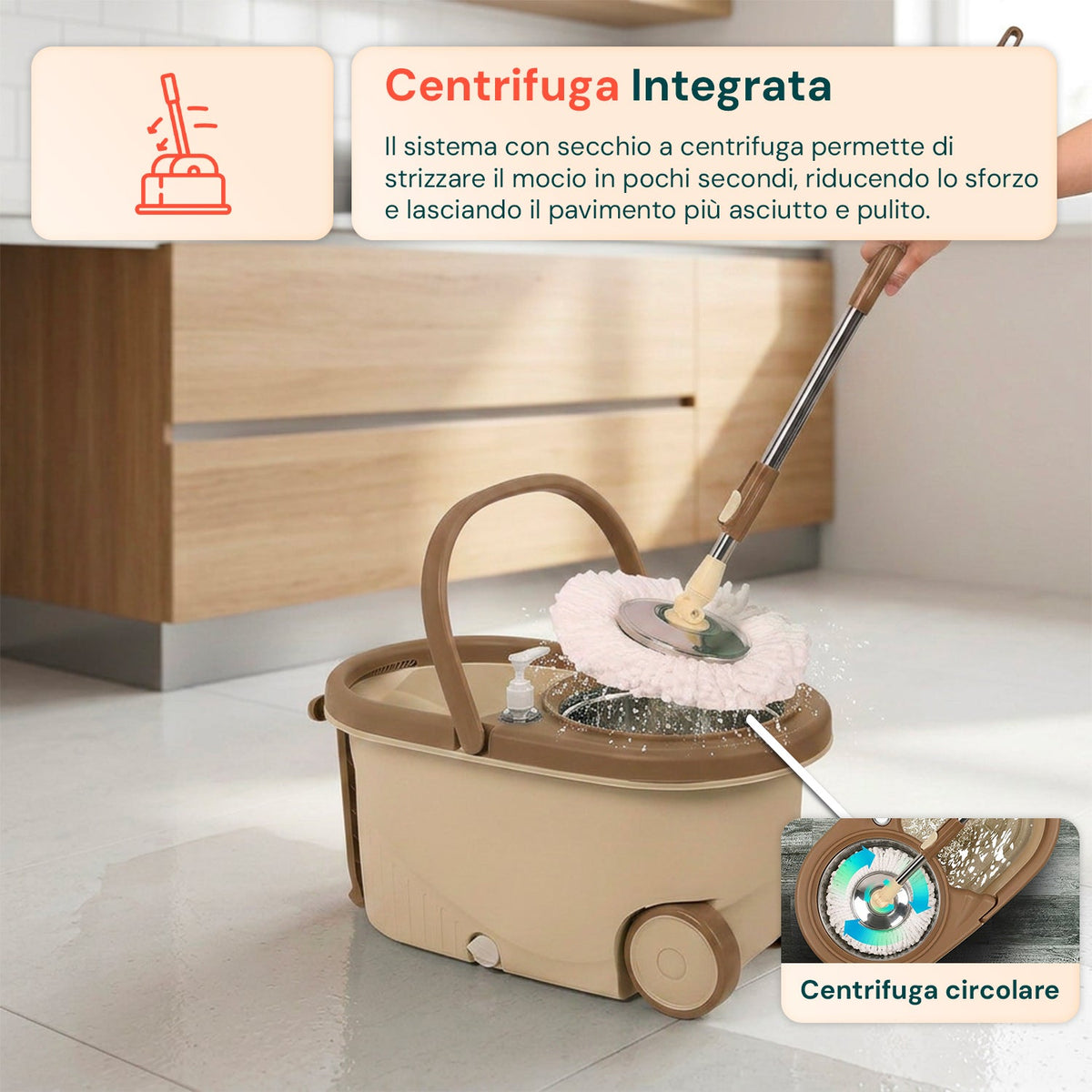 Kit Mocio Rotante 360° con Secchio 14L - 46x27x22cm e Centrifuga in Acciaio – Include 2 Testine in Microfibra, Dosatore Sapone e Asta Telescopica – Set Lavapavimenti Universale con Ruote e Scarico
