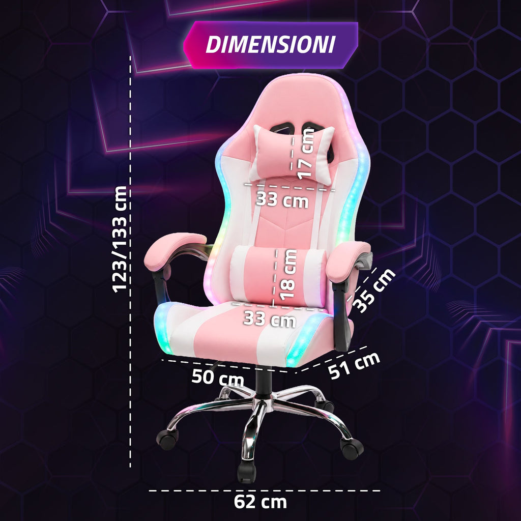 Sedia Gaming Ergonomica con Luci RGB e Cuscino Lombare Massaggiante, Poltrona Ufficio Reclinabile con Telecomando