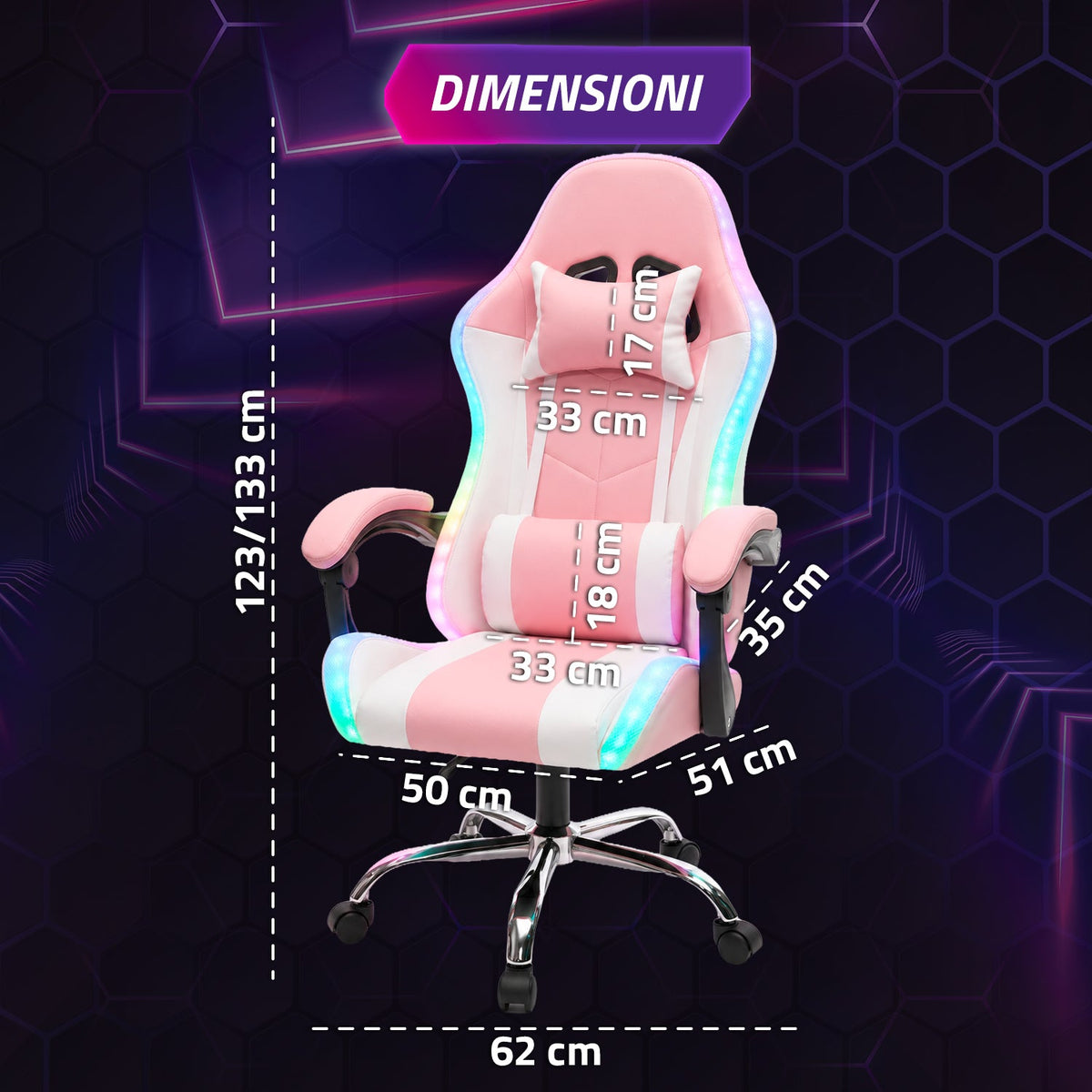 Sedia Gaming Ergonomica con Luci RGB e Cuscino Lombare Massaggiante, Poltrona Ufficio Reclinabile con Telecomando