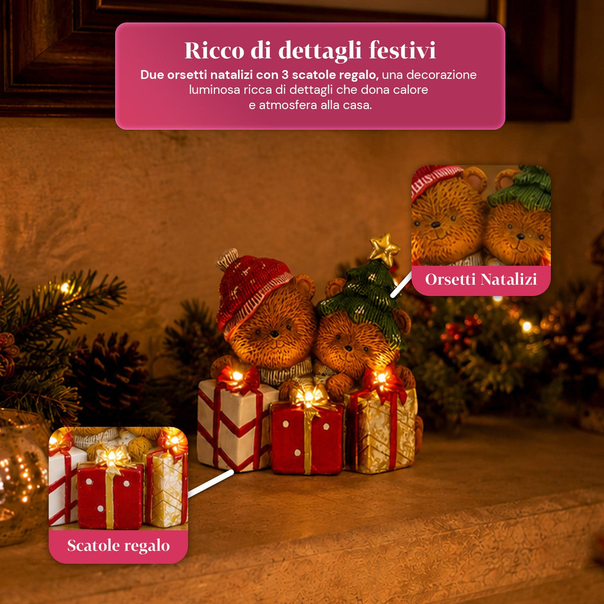 Orsetto natalizio in poliresina con pacco regalo, 2 varianti, luci LED a punti, alimentazione a batterie, finiture curate, base stabile