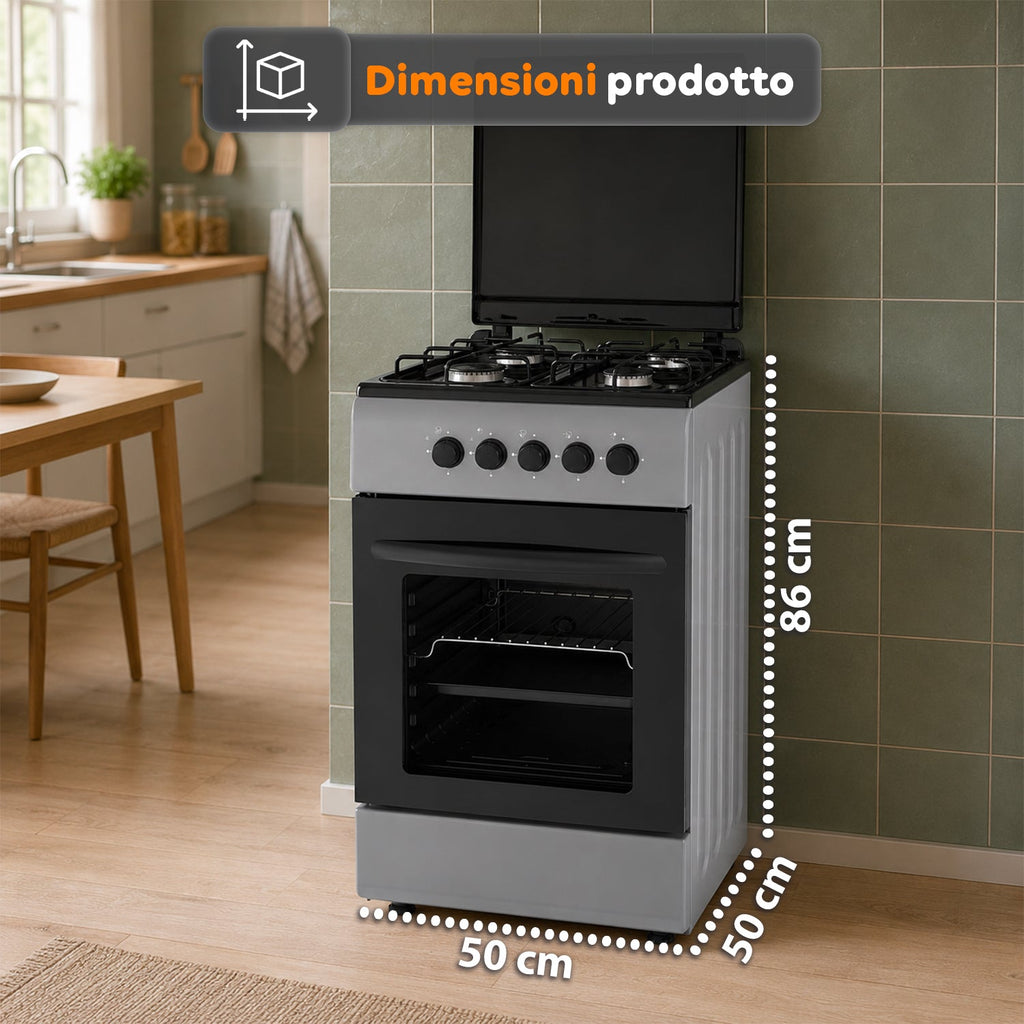 Cucina a Gas 50x50 cm con Forno a Gas 49 Litri, 4 Fuochi di Diversa Potenza, Valvole di Sicurezza e Coperchio