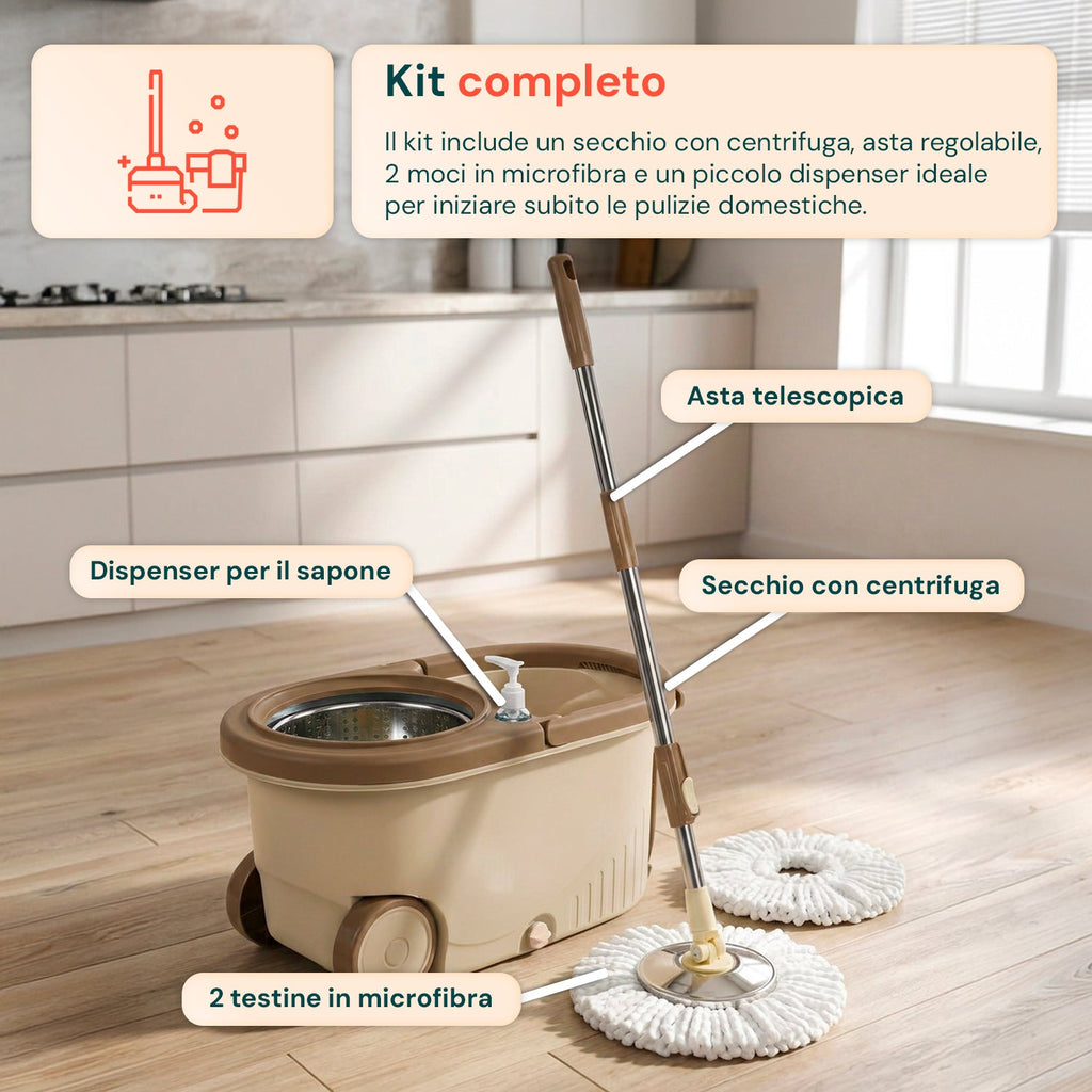 Kit Mocio Rotante 360° con Secchio 14L - 46x27x22cm e Centrifuga in Acciaio – Include 2 Testine in Microfibra, Dosatore Sapone e Asta Telescopica – Set Lavapavimenti Universale con Ruote e Scarico