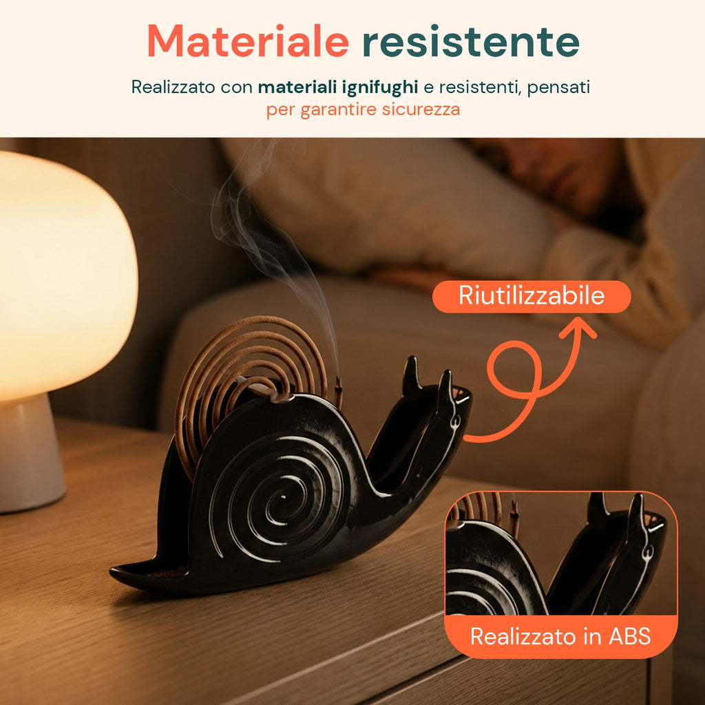 Porta Zampirone a forma di Lumaca – Supporto per Spirali Antizanzare in ABS Ignifugo – Con Base Raccogli Cenere – Design Universale Riutilizzabile – Dimensioni 18x3,2x7,5cm