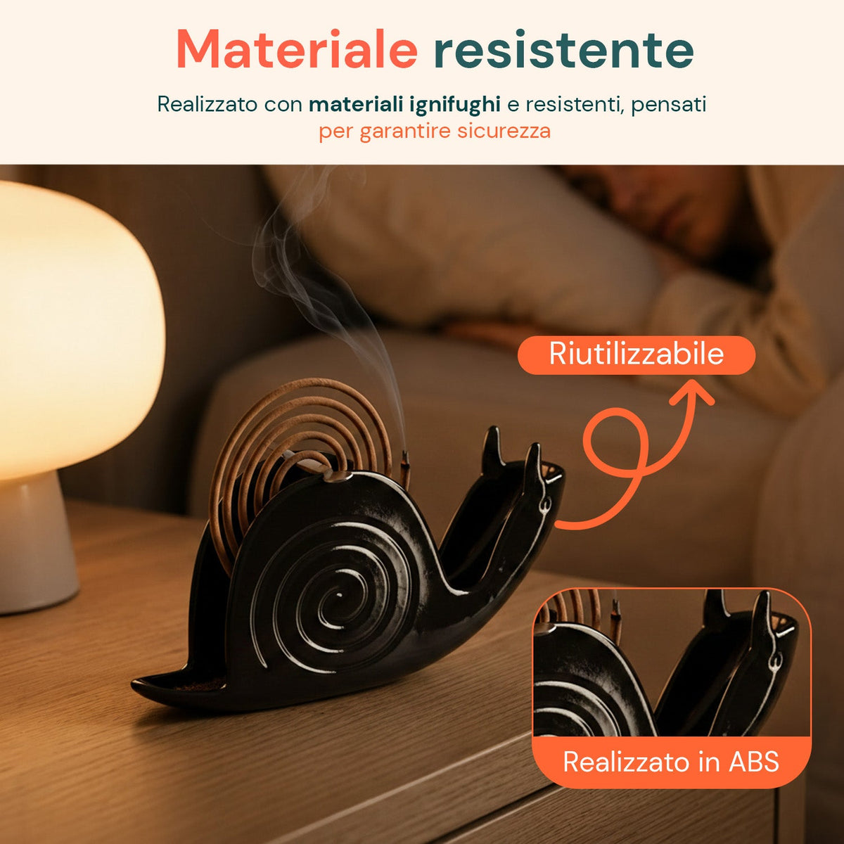 Porta Zampirone a forma di Lumaca – Supporto per Spirali Antizanzare in ABS Ignifugo – Con Base Raccogli Cenere – Design Universale Riutilizzabile – Dimensioni 18x3,2x7,5cm