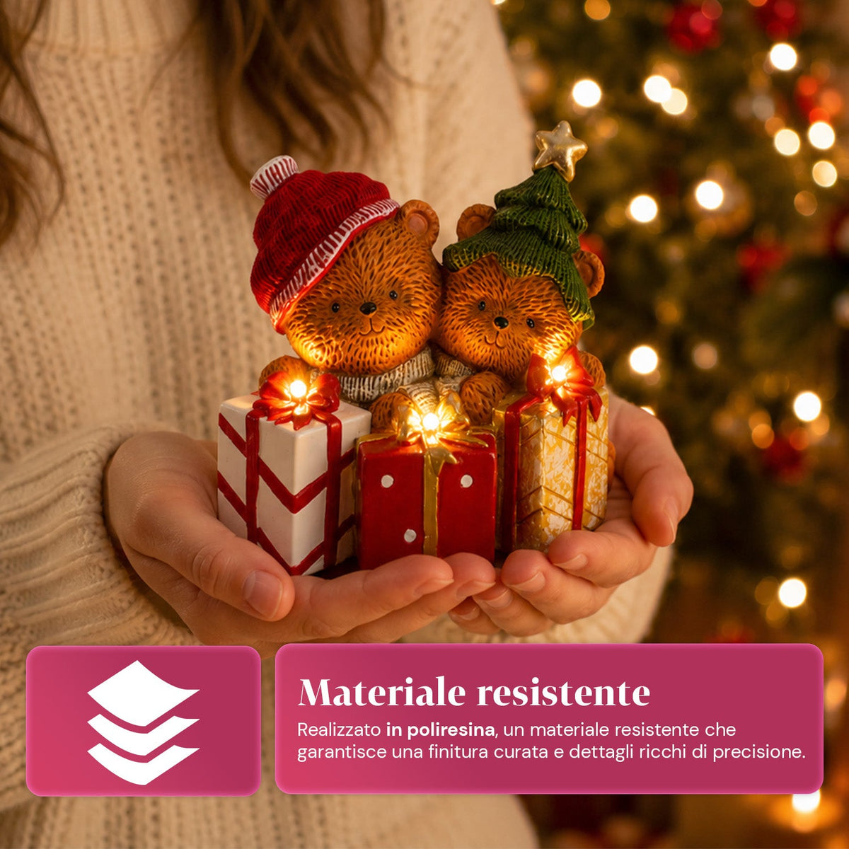 Orsetto natalizio in poliresina con pacco regalo, 2 varianti, luci LED a punti, alimentazione a batterie, finiture curate, base stabile