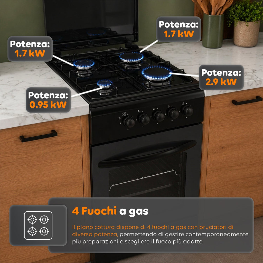 Cucina a Gas 50x50 cm con Forno a Gas 49 Litri, 4 Fuochi di Diversa Potenza, Valvole di Sicurezza e Coperchio