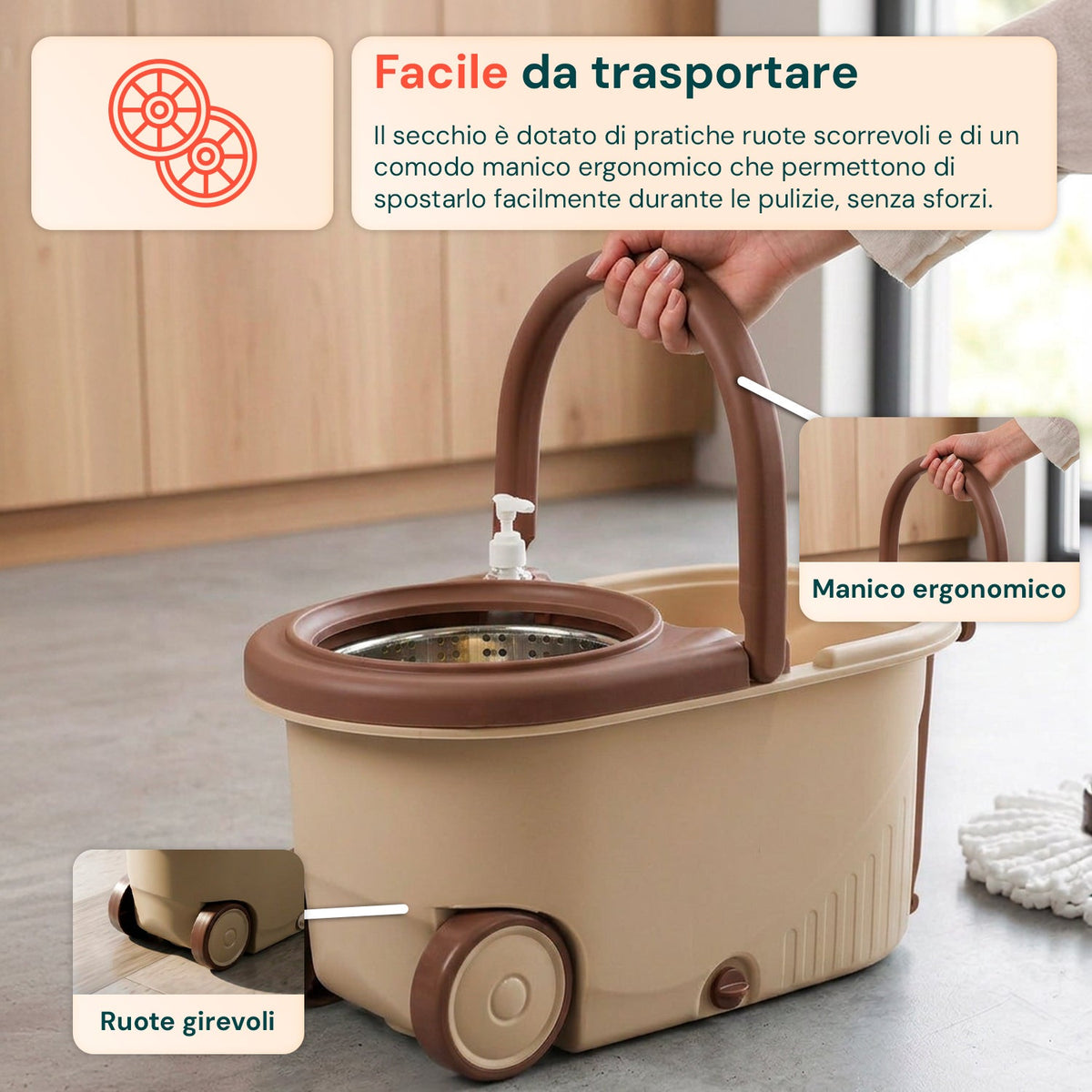 Kit Mocio Rotante 360° con Secchio 14L - 46x27x22cm e Centrifuga in Acciaio – Include 2 Testine in Microfibra, Dosatore Sapone e Asta Telescopica – Set Lavapavimenti Universale con Ruote e Scarico