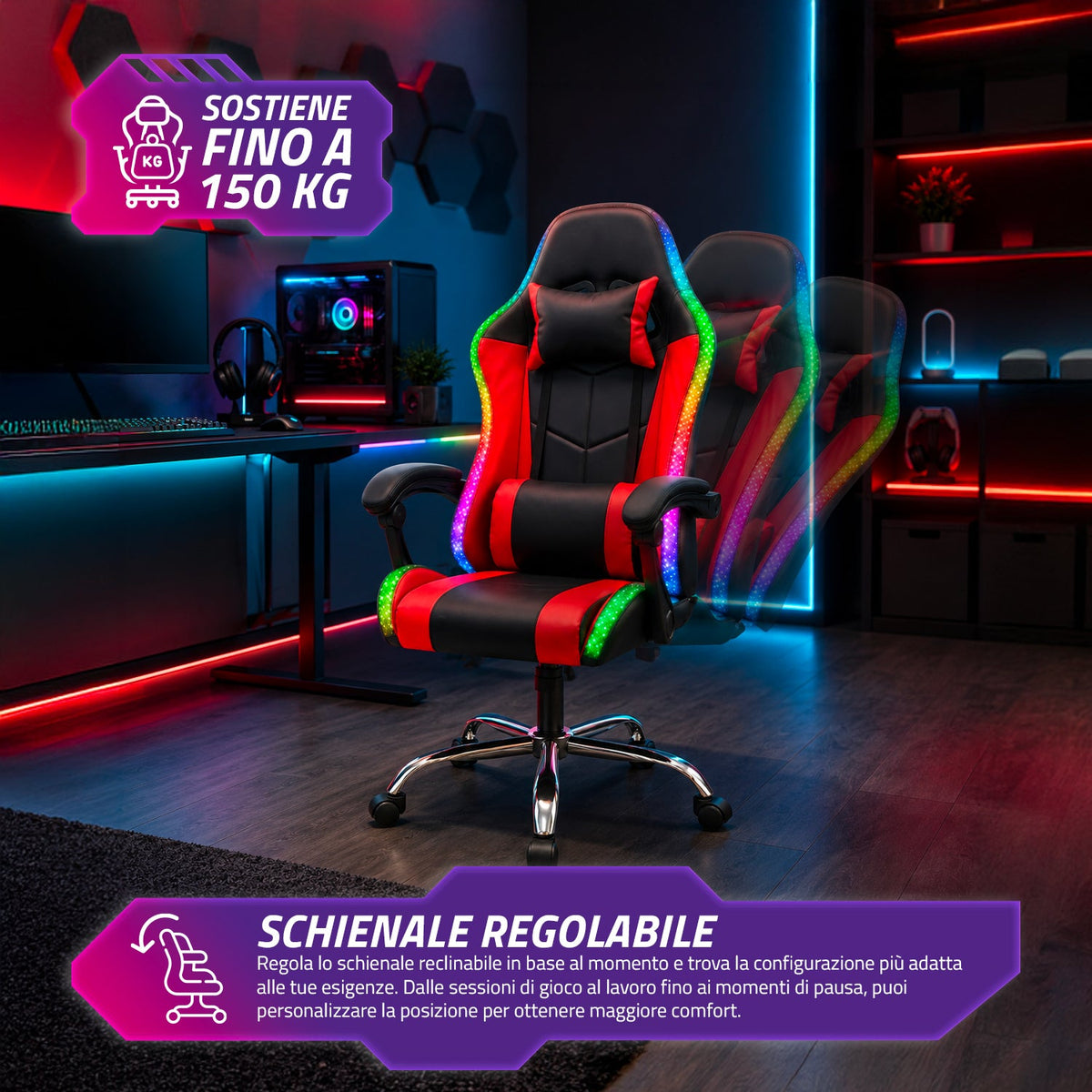 Sedia Gaming Ergonomica con Luci RGB e Cuscino Lombare Massaggiante, Poltrona Ufficio Reclinabile con Telecomando