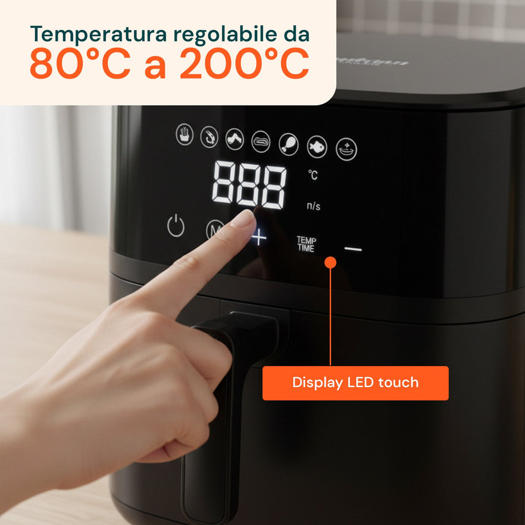 Friggitrice ad Aria 4,5L con Display LED Touch e 7 Programmi di Cottura 1400W