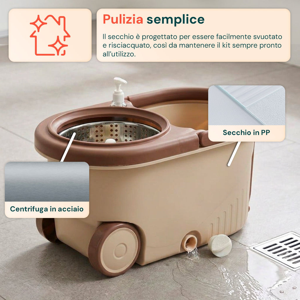 Kit Mocio Rotante 360° con Secchio 14L - 46x27x22cm e Centrifuga in Acciaio – Include 2 Testine in Microfibra, Dosatore Sapone e Asta Telescopica – Set Lavapavimenti Universale con Ruote e Scarico