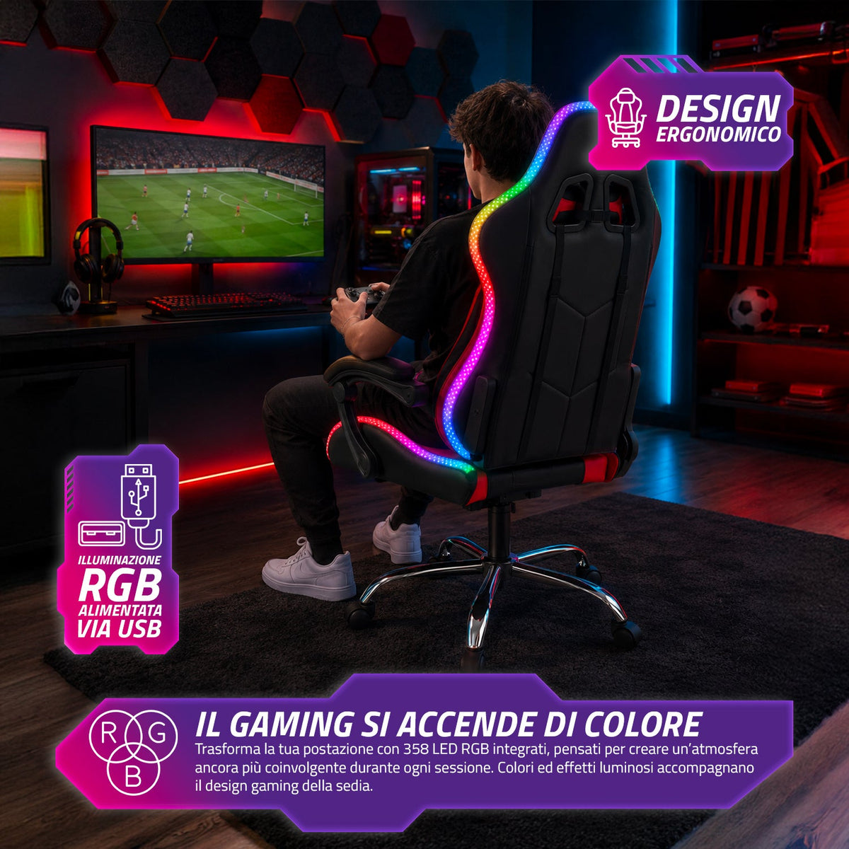 Sedia Gaming Ergonomica con Luci RGB e Cuscino Lombare Massaggiante, Poltrona Ufficio Reclinabile con Telecomando