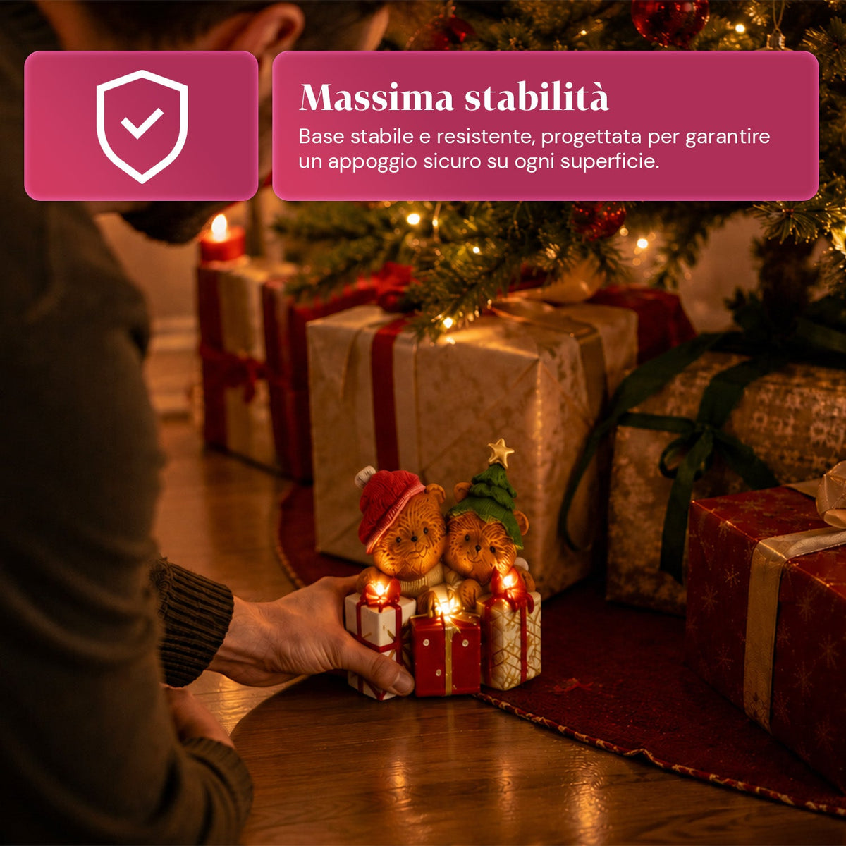 Orsetto natalizio in poliresina con pacco regalo, 2 varianti, luci LED a punti, alimentazione a batterie, finiture curate, base stabile