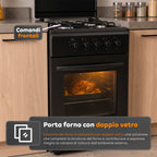 Cucina a Gas 50x50 cm con Forno a Gas 49 Litri, 4 Fuochi di Diversa Potenza, Valvole di Sicurezza e Coperchio
