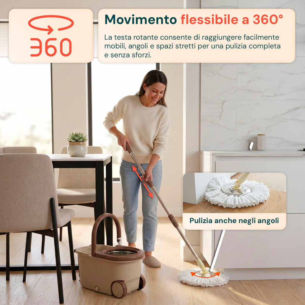 Kit Mocio Rotante 360° con Secchio 14L - 46x27x22cm e Centrifuga in Acciaio – Include 2 Testine in Microfibra, Dosatore Sapone e Asta Telescopica – Set Lavapavimenti Universale con Ruote e Scarico