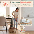 Kit Mocio Rotante 360° con Secchio 14L - 46x27x22cm e Centrifuga in Acciaio – Include 2 Testine in Microfibra, Dosatore Sapone e Asta Telescopica – Set Lavapavimenti Universale con Ruote e Scarico