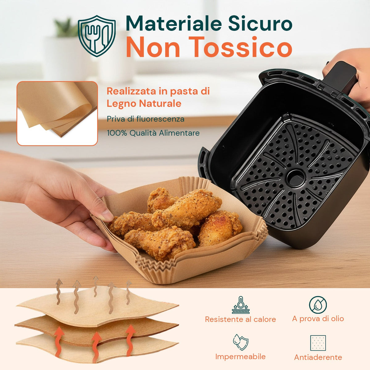 Set 100 pz carta forno per friggitrice ad aria – Impermeabile e resistente al calore