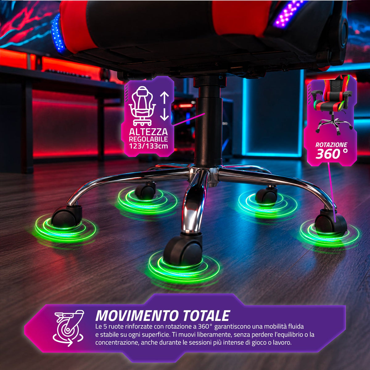 Sedia Gaming Ergonomica con Luci RGB e Cuscino Lombare Massaggiante, Poltrona Ufficio Reclinabile con Telecomando