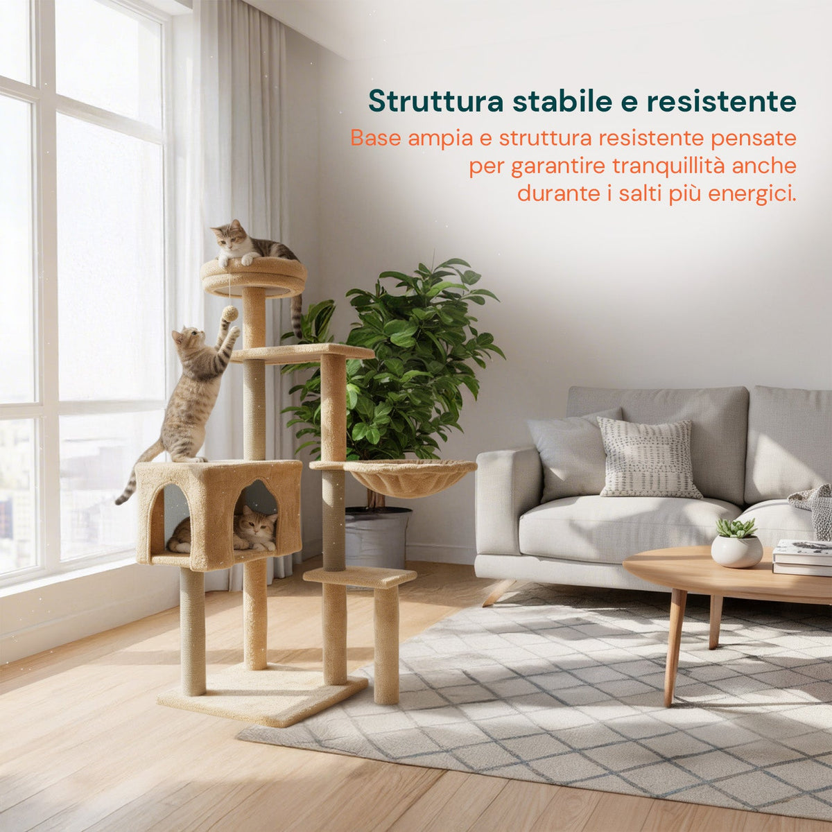 Tiragraffi per gatti 120 cm con cuccia e amaca multilivello