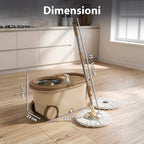 Kit Mocio Rotante 360° con Secchio 14L - 46x27x22cm e Centrifuga in Acciaio – Include 2 Testine in Microfibra, Dosatore Sapone e Asta Telescopica – Set Lavapavimenti Universale con Ruote e Scarico