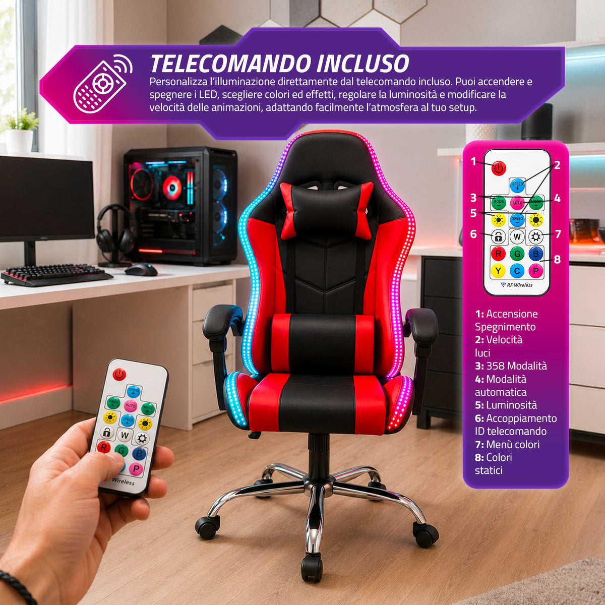 Sedia Gaming Ergonomica con Luci RGB e Cuscino Lombare Massaggiante, Poltrona Ufficio Reclinabile con Telecomando