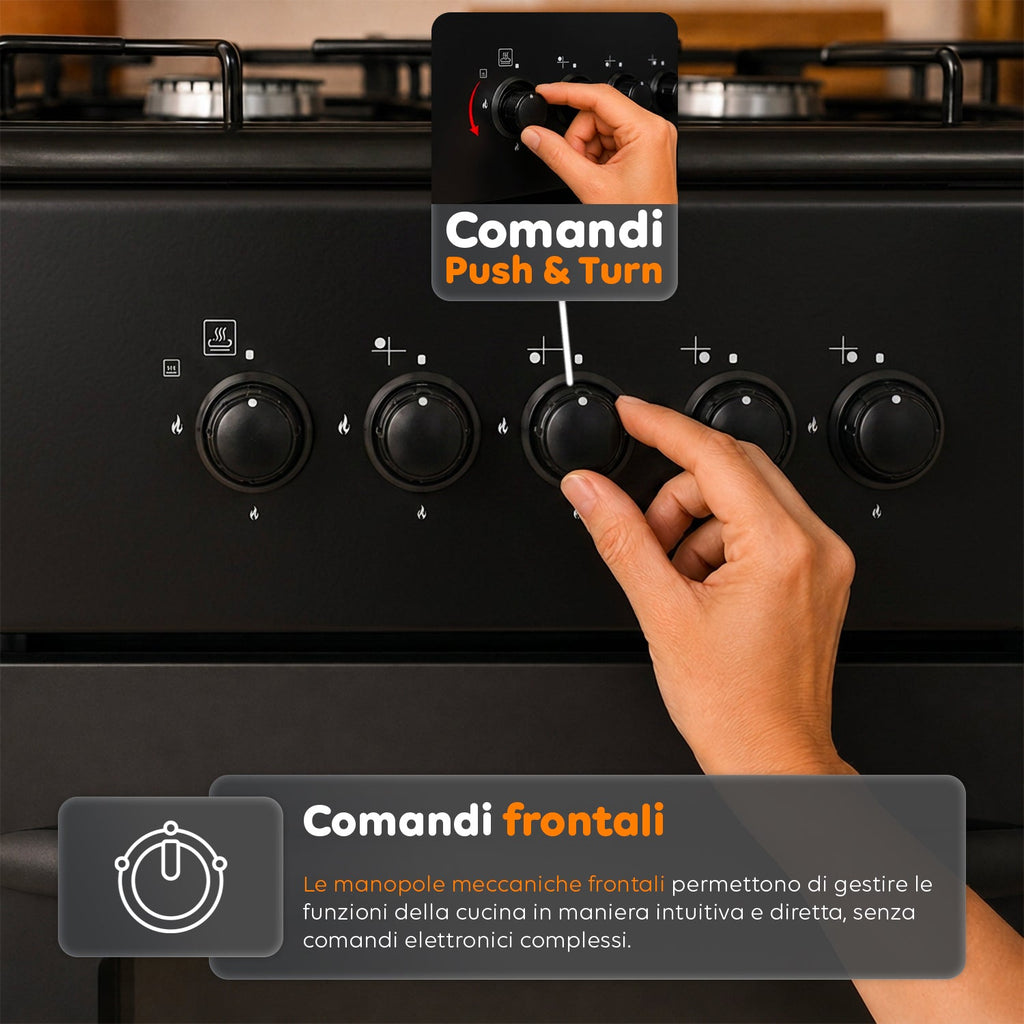 Cucina a Gas 50x50 cm con Forno a Gas 49 Litri, 4 Fuochi di Diversa Potenza, Valvole di Sicurezza e Coperchio