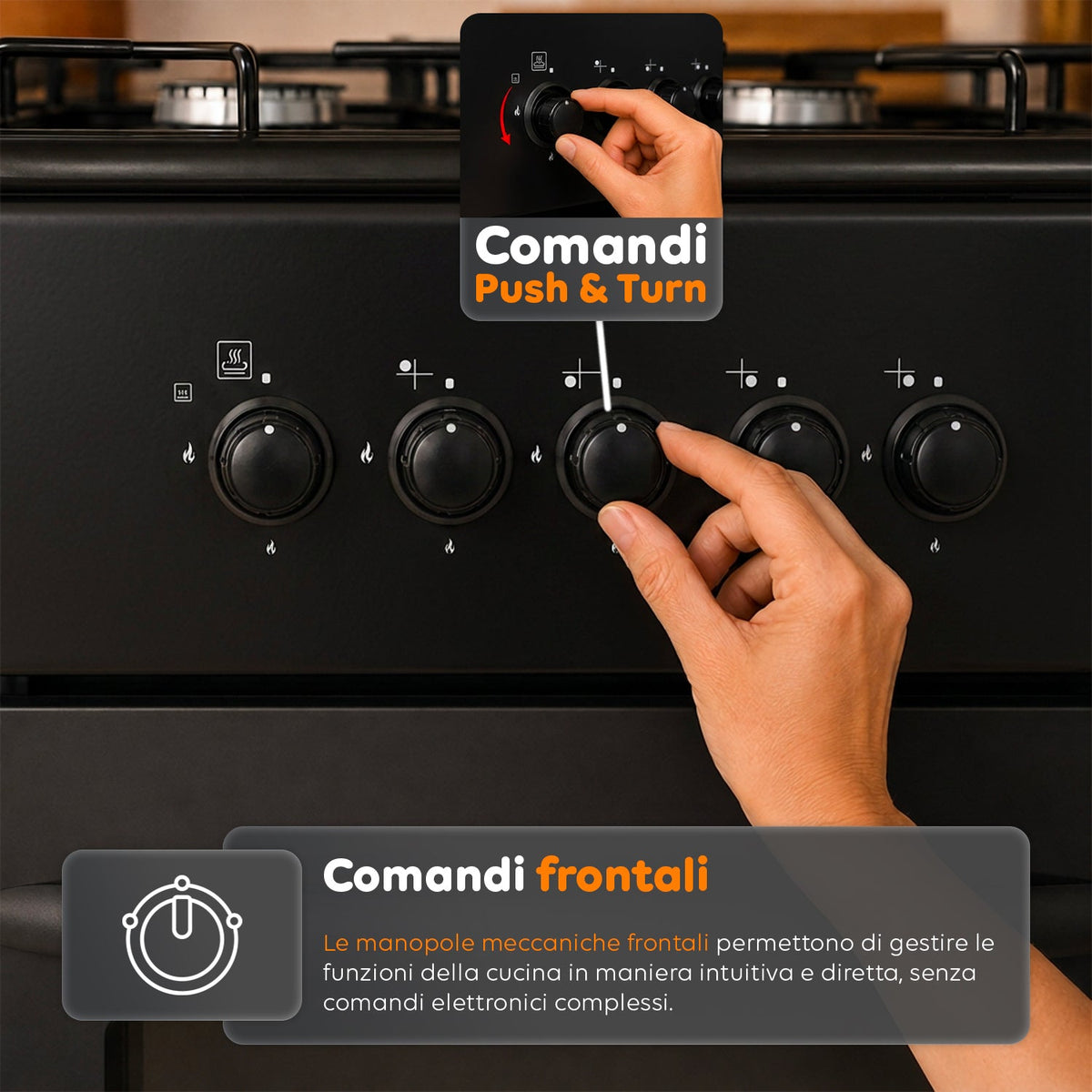Cucina a Gas 50x50 cm con Forno a Gas 49 Litri, 4 Fuochi di Diversa Potenza, Valvole di Sicurezza e Coperchio