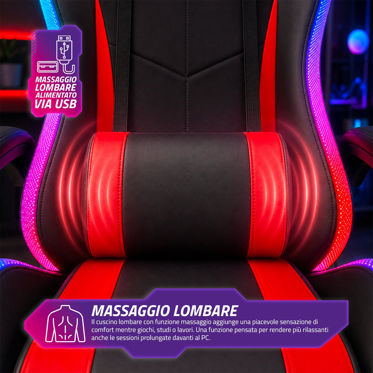 Sedia Gaming Ergonomica con Luci RGB e Cuscino Lombare Massaggiante, Poltrona Ufficio Reclinabile con Telecomando